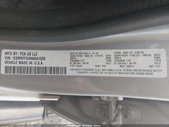 Aukcja sprzedaży 2022 Ram 1500, vin: 1C6RRFFGXNN341539, numer aukcji: 45314796