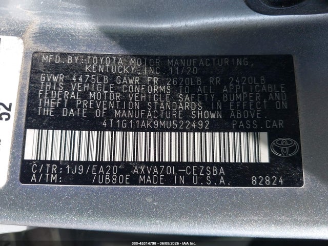 Aukcja sprzedaży 2021 Toyota Camry Se, vin: 4T1G11AK9MU522492, numer aukcji: 45314798