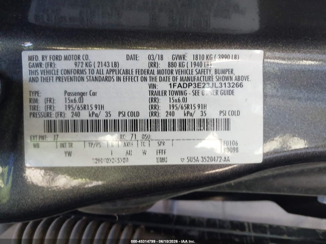 Продажа на аукционе авто 2018 Ford Focus S, vin: 1FADP3E23JL313266, номер лота: 45314799