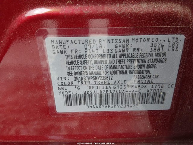 Nissan SENTRA SV 2019 3N1AB7AP5KY239672 Image 9