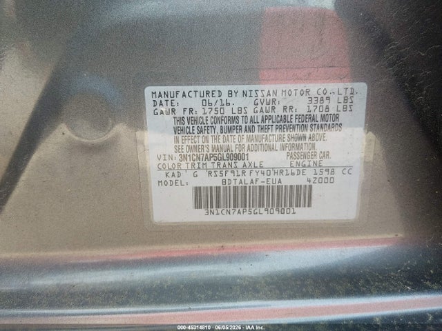 45314810 :رقم المزاد ، 3N1CN7AP5GL909001 vin ، 2016 Nissan Versa 1.6 S مزاد بيع