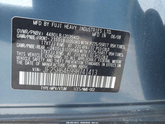 45314813 :رقم المزاد ، JF2SH64699H741413 vin ، 2009 Subaru Forester 2.5x Limited مزاد بيع
