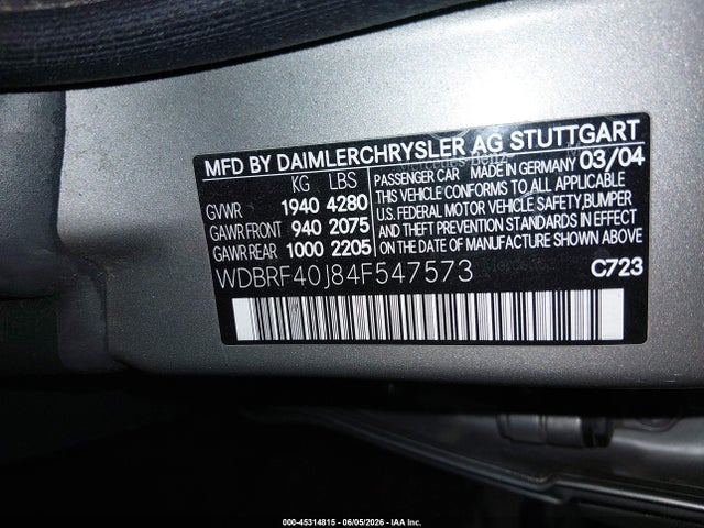 Aukcja sprzedaży 2004 Mercedes-benz C 230 Kompressor Sport/sport, vin: WDBRF40J84F547573, numer aukcji: 45314815
