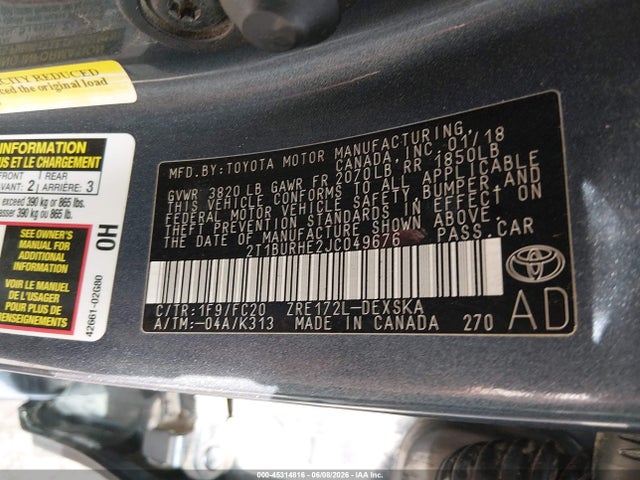 2018 Toyota Corolla Se მანქანა იყიდება აუქციონზე, vin: 2T1BURHE2JC049676, აუქციონის ნომერი: 45314816