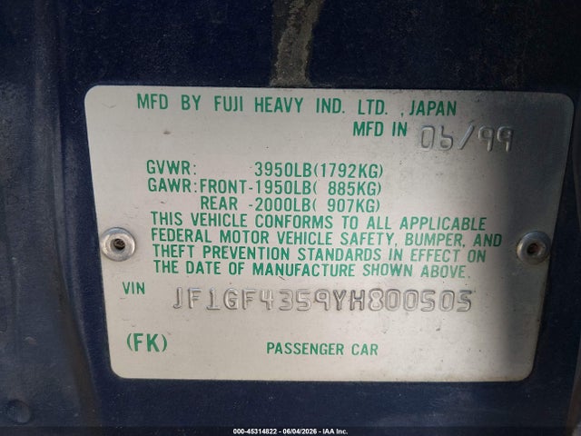 45314822 :رقم المزاد ، JF1GF4359YH800505 vin ، 2000 Subaru Impreza L مزاد بيع