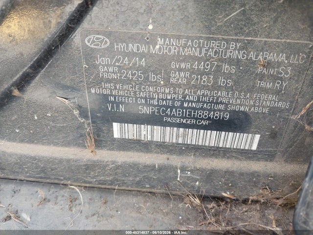 45314837 :رقم المزاد ، 5NPEC4AB1EH884819 vin ، 2014 Hyundai Sonata Se 2.0t مزاد بيع