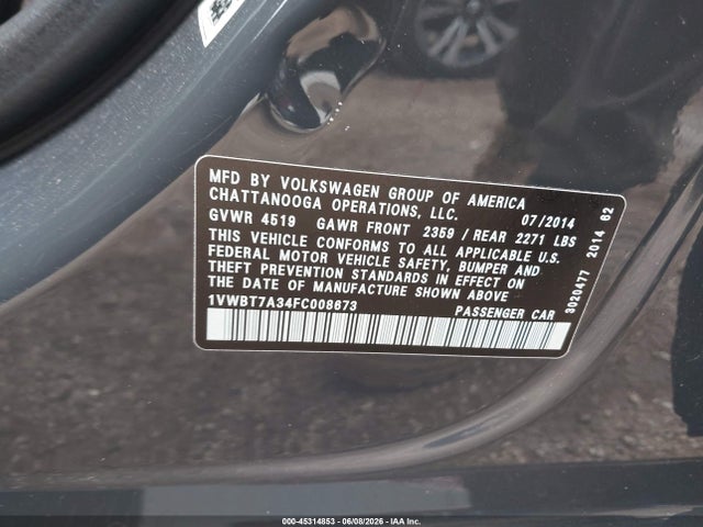 45314853 :رقم المزاد ، 1VWBT7A34FC008673 vin ، 2015 Volkswagen Passat 1.8t Sport مزاد بيع