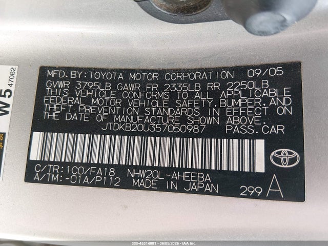 Aukcja sprzedaży 2005 Toyota Prius, vin: JTDKB20U357050987, numer aukcji: 45314881