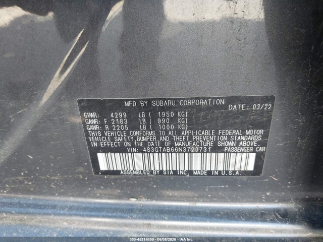Продажа на аукционе авто 2022 Subaru Impreza Base 5-door, vin: 4S3GTAB66N3720731, номер лота: 45314899