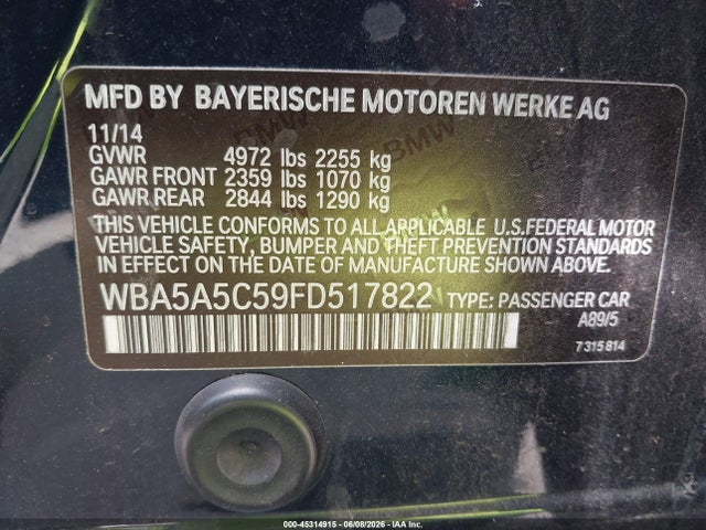 Продаж на аукціоні авто 2015 Bmw 528i, vin: WBA5A5C59FD517822, номер лоту: 45314915