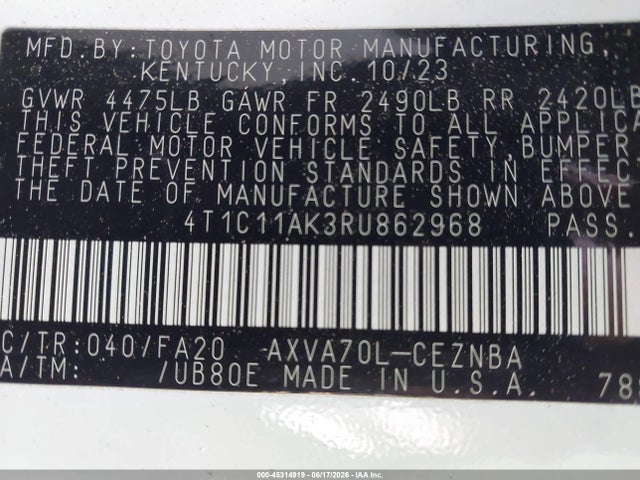45314919 :رقم المزاد ، 4T1C11AK3RU862968 vin ، 2024 Toyota Camry Le مزاد بيع