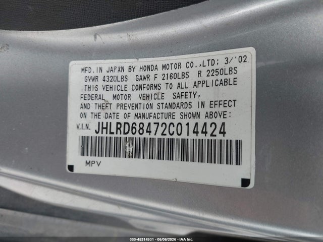 Aukcja sprzedaży 2002 Honda Cr-v Lx, vin: JHLRD68472C014424, numer aukcji: 45314931