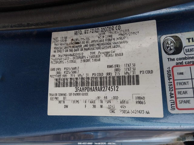 45314960 :رقم المزاد ، 3FAHP0HA9AR274512 vin ، 2010 Ford Fusion Se مزاد بيع