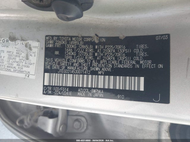 45314980 :رقم المزاد ، JTEGD21A530071412 vin ، 2003 Toyota Highlander مزاد بيع