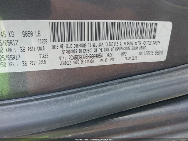 Продаж на аукціоні авто 2017 Dodge Grand Caravan Sxt, vin: 2C4RDGCG0HR664054, номер лоту: 45314981