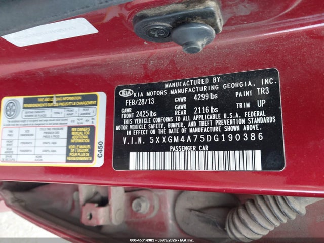 45314982 :رقم المزاد ، 5XXGM4A75DG190386 vin ، 2013 Kia Optima Lx مزاد بيع
