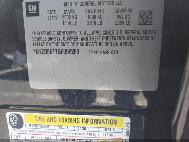 45314991 :رقم المزاد ، 1G1ZB5E17BF398283 vin ، 2011 Chevrolet Malibu Ls مزاد بيع