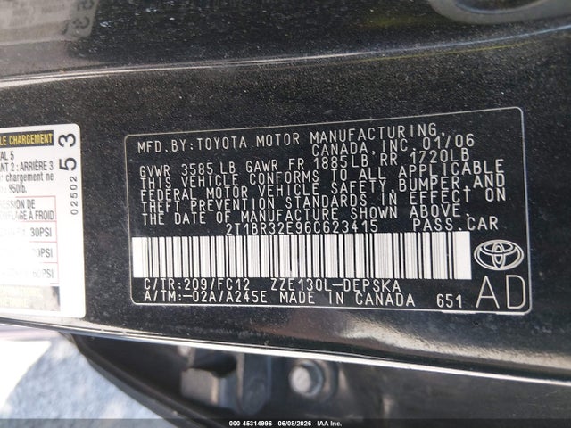 Aukcja sprzedaży 2006 Toyota Corolla S, vin: 2T1BR32E96C623415, numer aukcji: 45314996