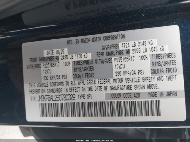 45314997 :رقم المزاد ، JM3KFBAL2S0780329 vin ، 2025 Mazda Cx-5 2.5 S مزاد بيع