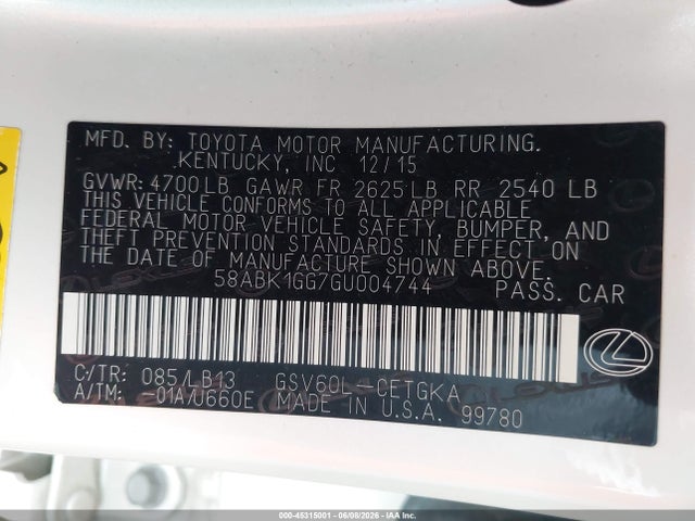 45315001 :رقم المزاد ، 58ABK1GG7GU004744 vin ، 2016 Lexus Es 350 مزاد بيع