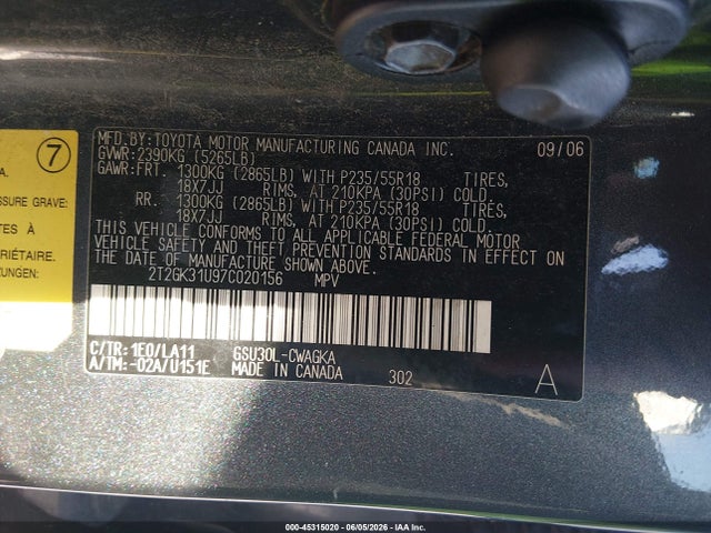 Aukcja sprzedaży 2007 Lexus Rx 350, vin: 2T2GK31U97C020156, numer aukcji: 45315020