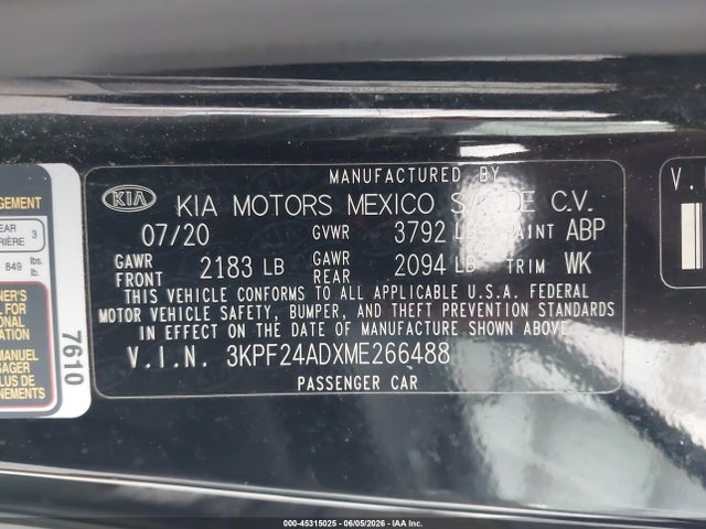 Продажа на аукционе авто 2021 Kia Forte Lxs, vin: 3KPF24ADXME266488, номер лота: 45315025