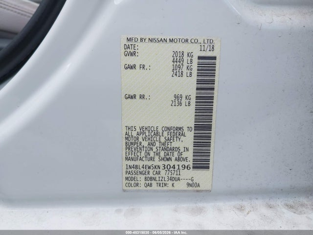 2019 Nissan Altima 2.5 Sl მანქანა იყიდება აუქციონზე, vin: 1N4BL4EW5KN304196, აუქციონის ნომერი: 45315030