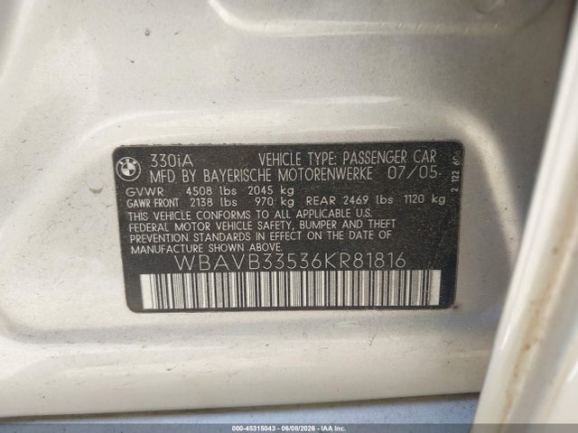 Auction sale of the 2006 Bmw 330i, vin: WBAVB33536KR81816, lot number: 45315043