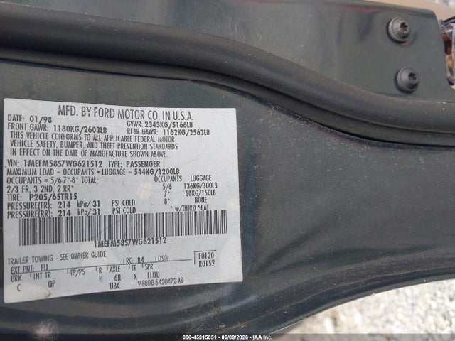 Продаж на аукціоні авто 1998 Mercury Sable Ls, vin: 1MEFM58S7WG621512, номер лоту: 45315051