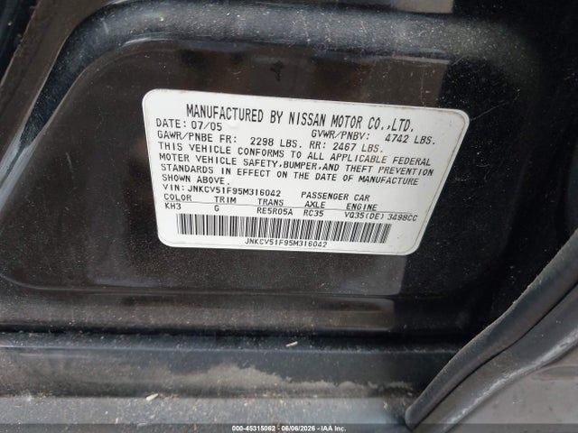 Aukcja sprzedaży 2005 Infiniti G35x, vin: JNKCV51F95M316042, numer aukcji: 45315062