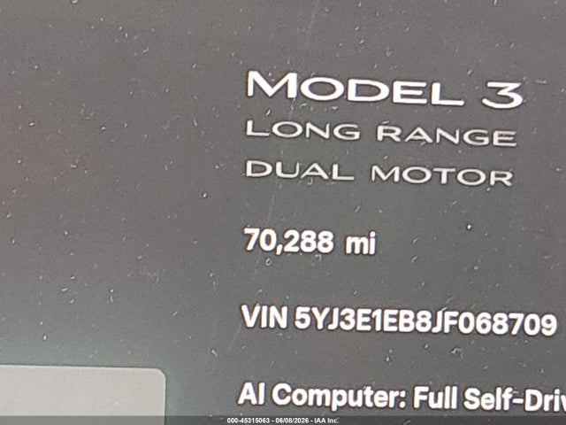 2018 Tesla Model 3 Long Range/performance მანქანა იყიდება აუქციონზე, vin: 5YJ3E1EB8JF068709, აუქციონის ნომერი: 45315063