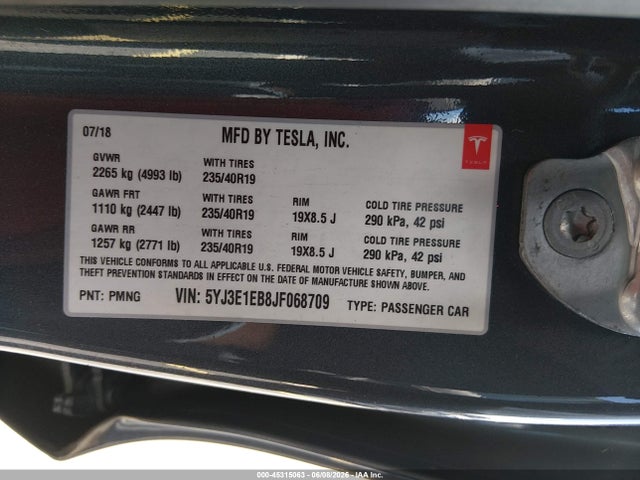 2018 Tesla Model 3 Long Range/performance მანქანა იყიდება აუქციონზე, vin: 5YJ3E1EB8JF068709, აუქციონის ნომერი: 45315063