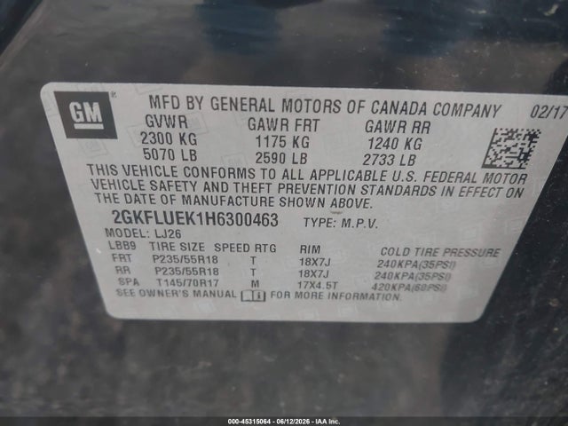 Продаж на аукціоні авто 2017 Gmc Terrain Slt, vin: 2GKFLUEK1H6300463, номер лоту: 45315064