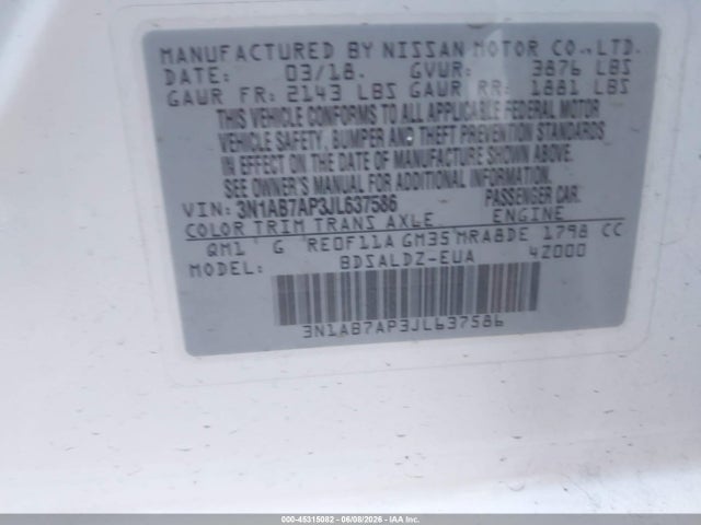 2018 Nissan Sentra Sv მანქანა იყიდება აუქციონზე, vin: 3N1AB7AP3JL637586, აუქციონის ნომერი: 45315082