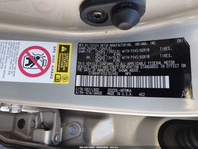Aukcja sprzedaży 2016 Toyota Highlander Xle V6, vin: 5TDKKRFH2GS162482, numer aukcji: 45315084