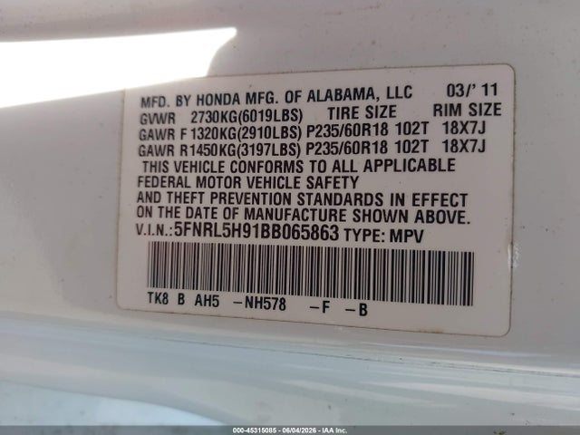 45315085 :رقم المزاد ، 5FNRL5H91BB065863 vin ، 2011 Honda Odyssey Touring/touring Elite مزاد بيع