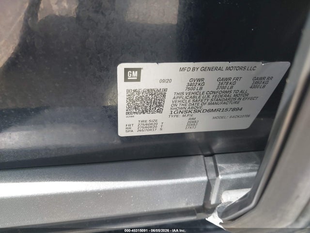 Aukcja sprzedaży 2021 Chevrolet Tahoe K1500 Premier, vin: 1GNSKSKD6MR157894, numer aukcji: 45315091