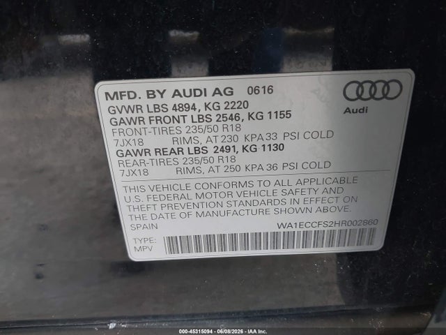 WA1ECCFS2HR002860 Audi Q3 2.0t Premium