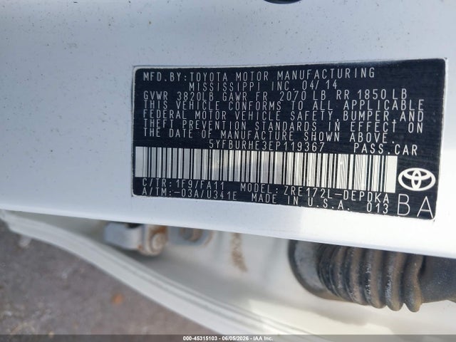 Продаж на аукціоні авто 2014 Toyota Corolla L, vin: 5YFBURHE3EP119367, номер лоту: 45315103