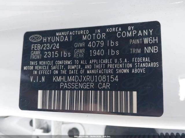 2024 Hyundai Elantra Hybrid Blue მანქანა იყიდება აუქციონზე, vin: KMHLM4DJXRU108154, აუქციონის ნომერი: 45315105