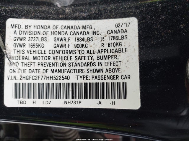 Honda CIVIC EX 2017 2HGFC2F77HH522540 Image 9