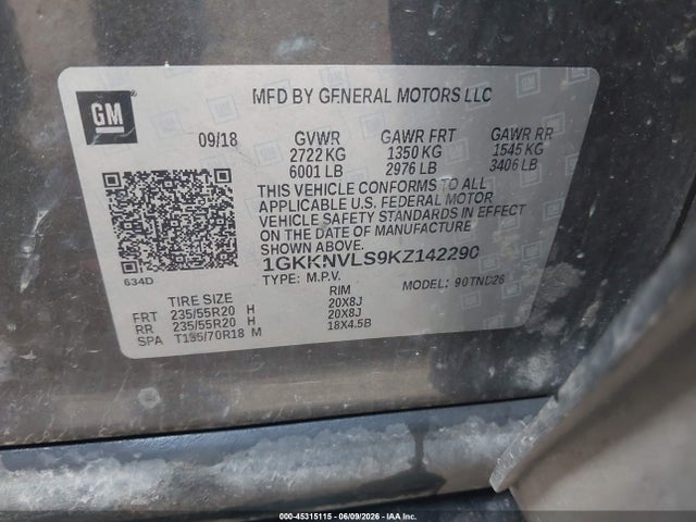 45315115 :رقم المزاد ، 1GKKNVLS9KZ142290 vin ، 2019 Gmc Acadia Slt-1 مزاد بيع