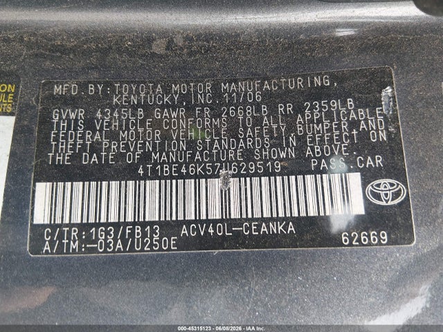 Aukcja sprzedaży 2007 Toyota Camry Le, vin: 4T1BE46K57U629519, numer aukcji: 45315123