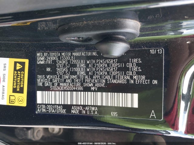 Продаж на аукціоні авто 2013 Toyota Highlander, vin: 5TDZA3EH5DS044986, номер лоту: 45315144