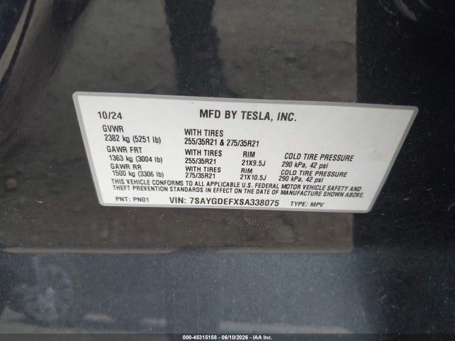 Продаж на аукціоні авто 2025 Tesla Model Y Performance Dual Motor All-wheel Drive, vin: 7SAYGDEFXSA338075, номер лоту: 45315158