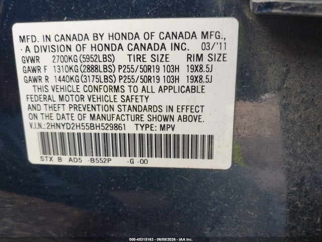 45315163 :رقم المزاد ، 2HNYD2H55BH529861 vin ، 2011 Acura Mdx Advance Package مزاد بيع