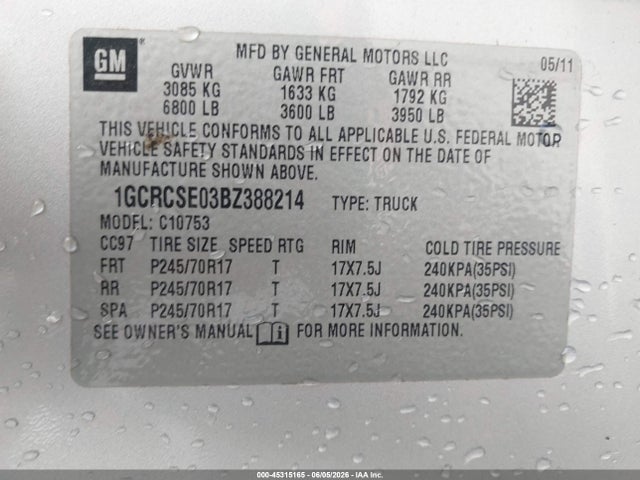 Aukcja sprzedaży 2011 Chevrolet Silverado 1500 Lt, vin: 1GCRCSE03BZ388214, numer aukcji: 45315165