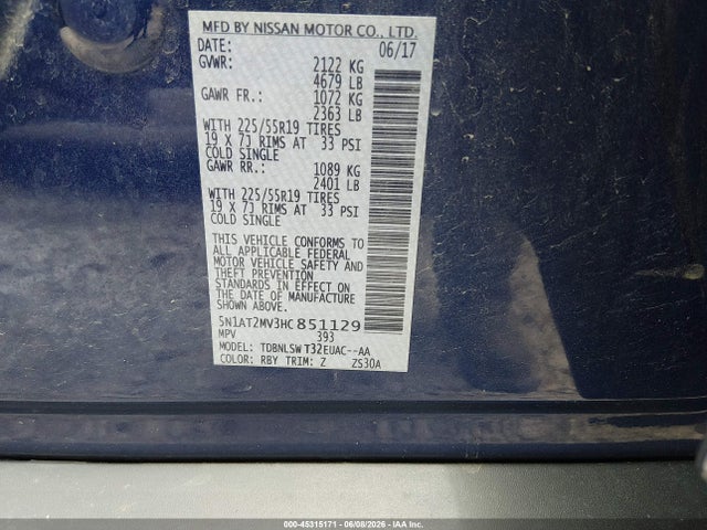 Продажа на аукционе авто 2017 Nissan Rogue Sl, vin: 5N1AT2MV3HC851129, номер лота: 45315171