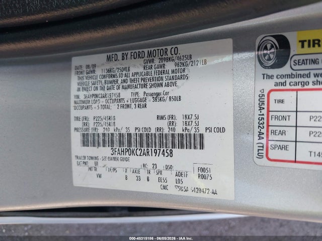 2010 Ford Fusion Sport მანქანა იყიდება აუქციონზე, vin: 3FAHP0KC2AR197458, აუქციონის ნომერი: 45315186