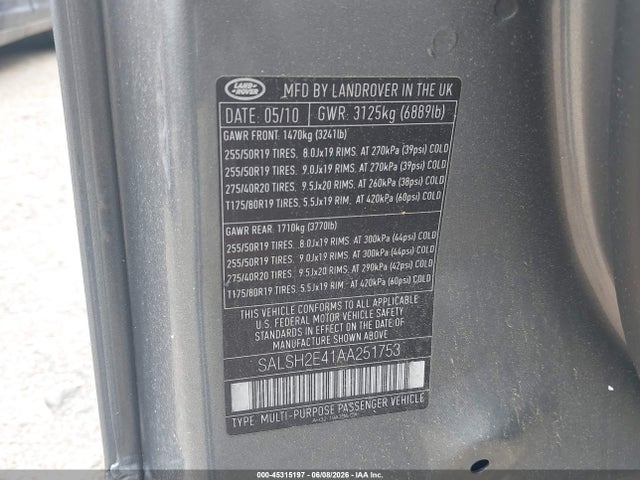 45315197 :رقم المزاد ، SALSH2E41AA251753 vin ، 2010 Land Rover Range Rover Sport Supercharged مزاد بيع